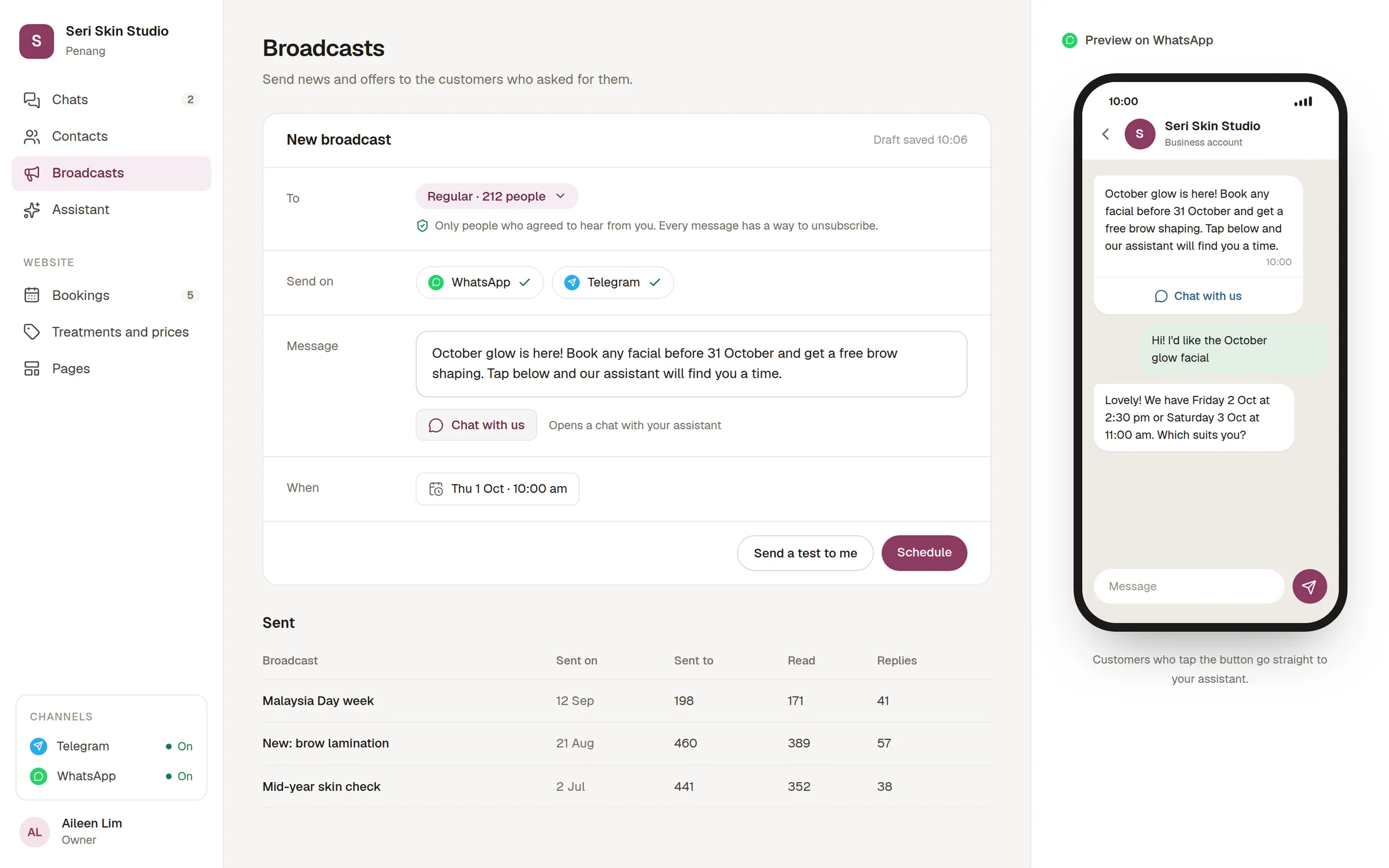 一斉配信の画面：常連のお客様への新しいメッセージと「Chat with us」ボタン、スマホでのプレビュー、これまでの配信の結果。